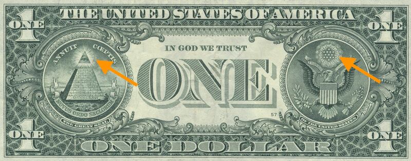 La banconota da 1 dollaro americano con le due glorie. La prima dietro al grande occhio sopra la piramide e la seconda sopra l'aquila, simbolo dello Stato.