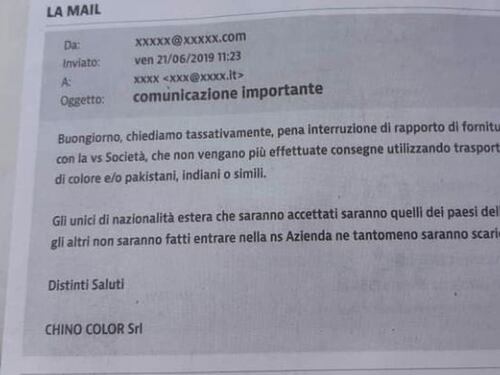 Mail choc di un'azienda: "No a corrieri di colore o indiani"
