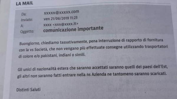 La mail razzista dell'azienda ai fornitori: "Non utilizzate trasportatori di colore"