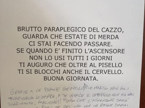 Offese al vicino disabile per i lavori all'ascensore: "Ci fai fare estate di m.."