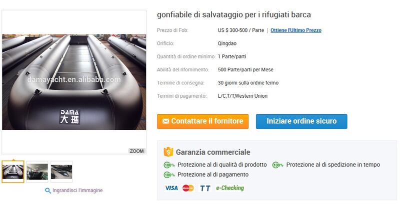 Il "gonfiabile di salvataggio per rifugiati" in vendita su Alibaba