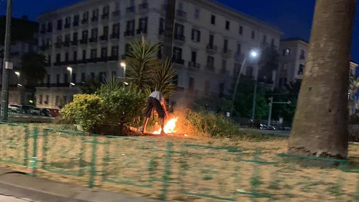 Napoli, lavavetri urinano e appiccano fuochi in un'aiuola in pieno centro