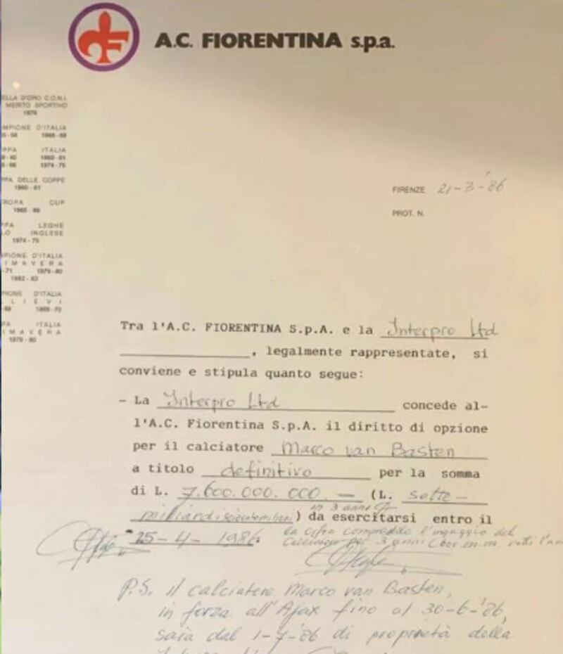 Il contratto firmato da Van Basten 