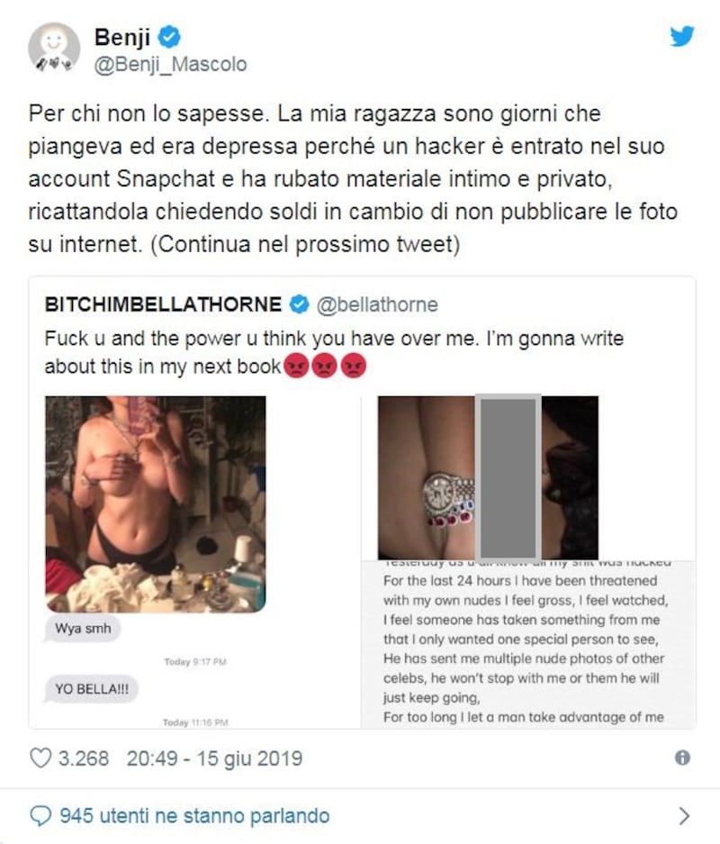screenshot ricatto hacker a Bella Thorne raccontato da Benji