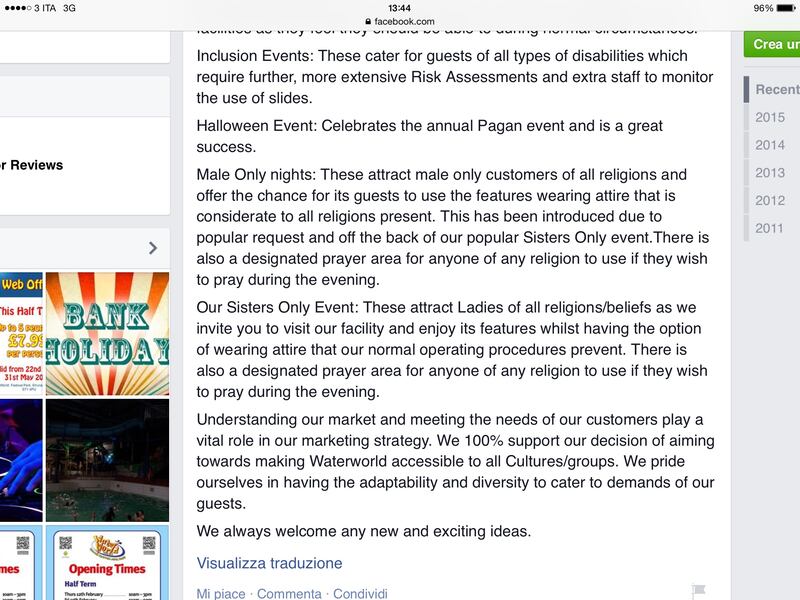 Il post su Facebook di Waterworld
