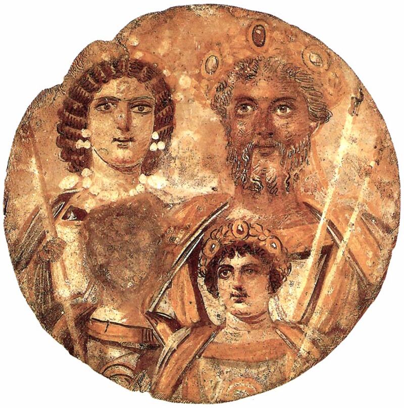 Il "Tondo severiano" raffigura Settimio Severo e la sua famiglia. In basso a sinistra si può notare il volto, cancellato, di Geta. Caracalla, suo fratello, lo fece infatti prima ammazzare dai centurioni e poi condannare alla damnatio memoriae