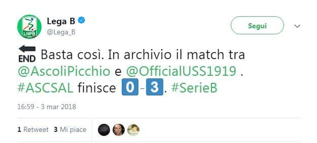 Ascoli-Salernitana 1-3 o 0-3? Anche la Lega Serie B va in tilt su Twitter 2
