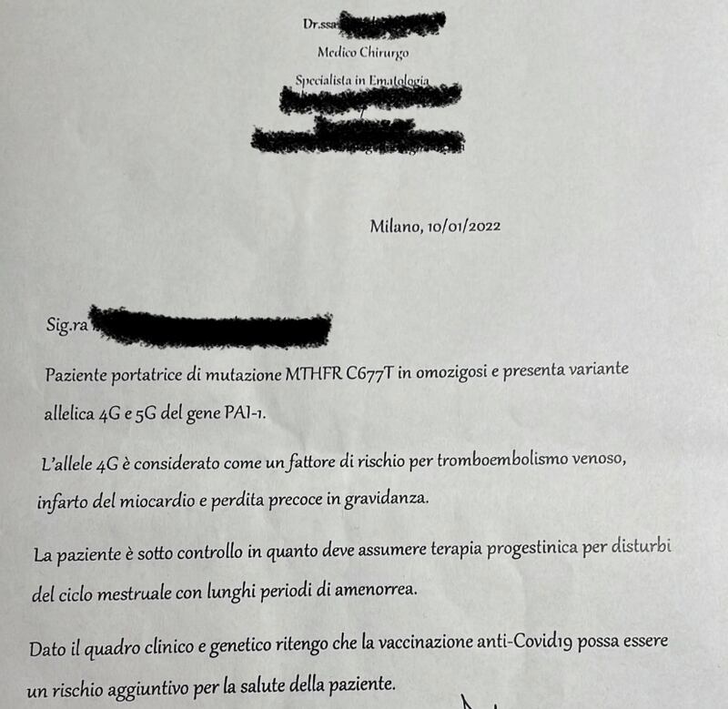 Il certificato rilasciato dall'ematologa
