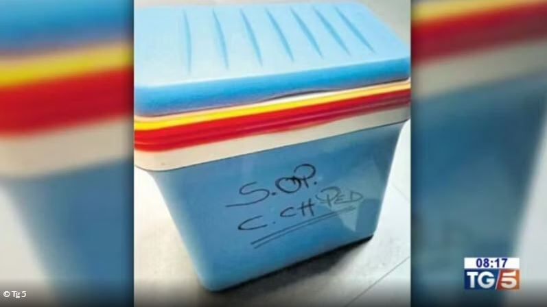 Il cuore di Domenico in un box per gli alimenti. Vecchio di 40 anni