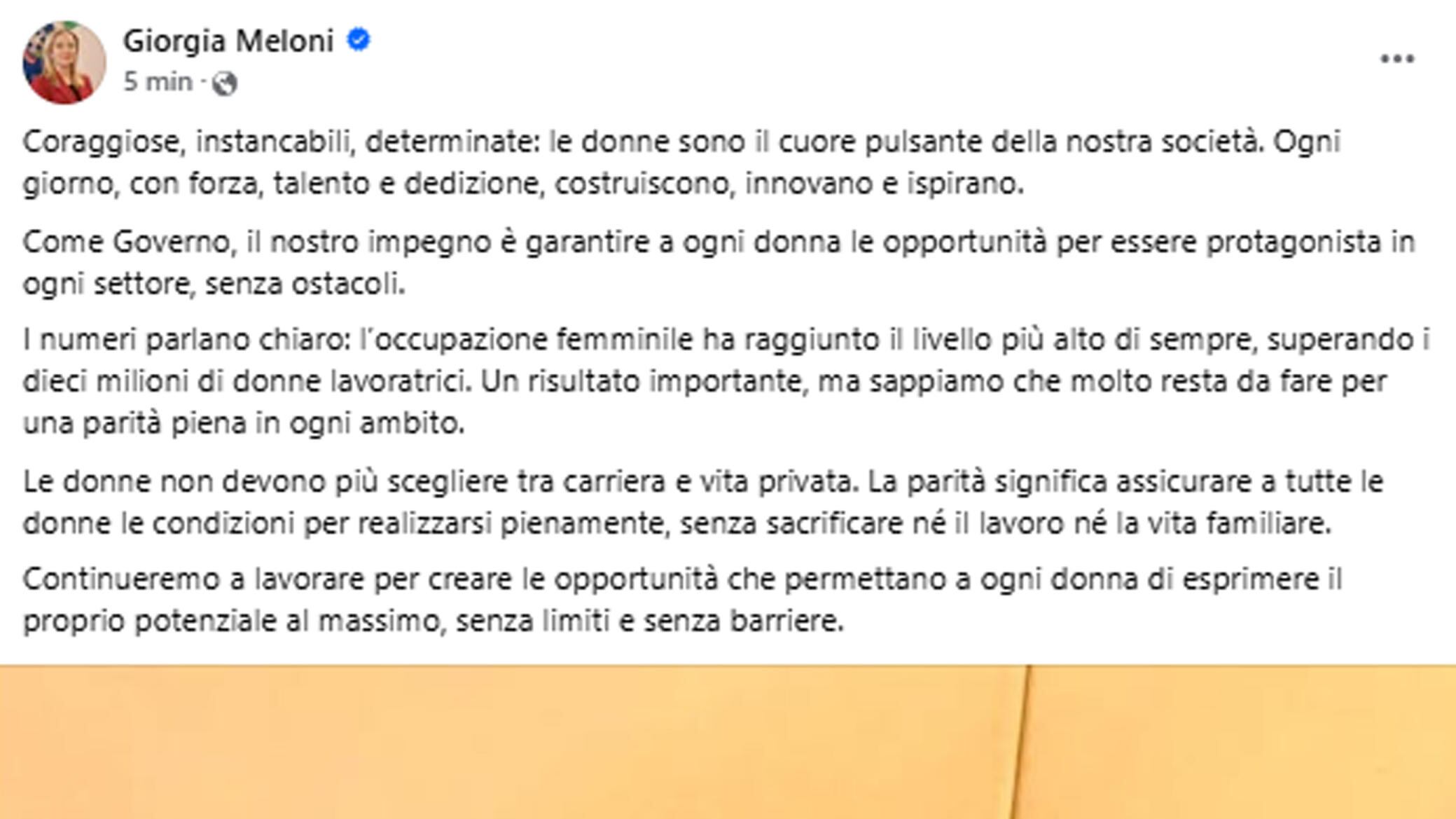 Meloni: "Le donne sono il cuore pulsante della società"