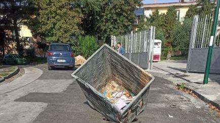 Bidone dell’immondizia per coprire la buca in strada: la curiosa soluzione dei residenti