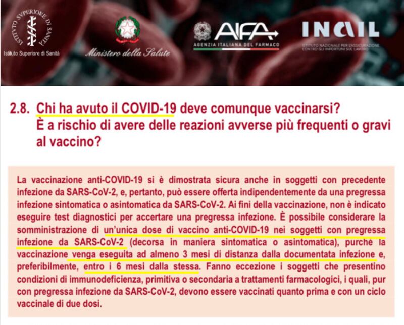 Report Iss su vaccino per guariti