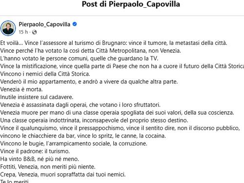 “A Venezia ha vinto il tumore, la metastasi della città”. L’insulto gratuito dell’artista ai veneziani