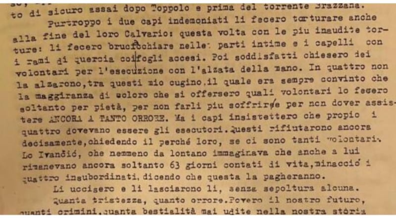Uno stralcio della lettera martirio Gianolla 