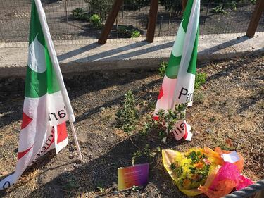Le bandiere del Pd dietro l'alberello piantato in ricordo di Anatoliy 