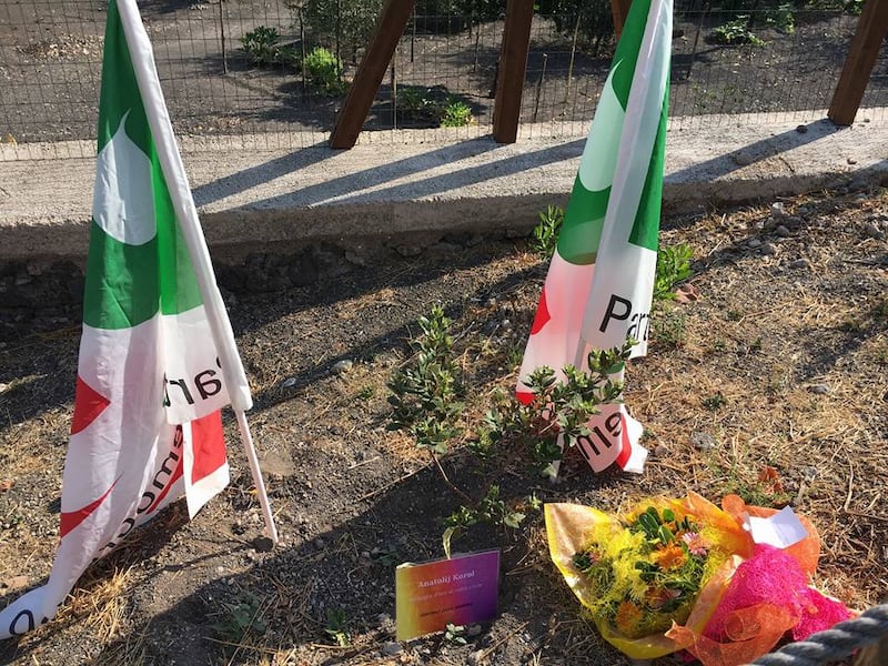 Le bandiere del Pd dietro l'alberello piantato in ricordo di Anatoliy