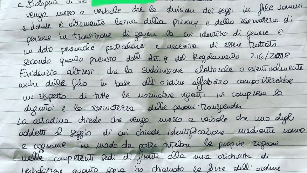 Polemica gender al seggio: "La divisione maschi e femmine lede i diritti dei trans"