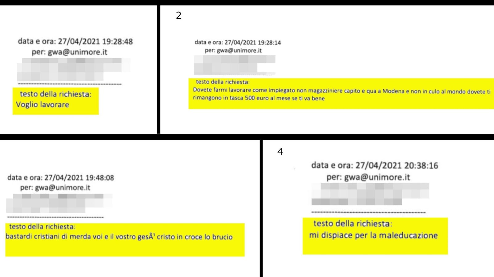 "Bastardi cristiani di merda", "Il vostro gesù cristo lo brucio": le mail del 2021 scritte da Salim El Koudri all'università di Modena