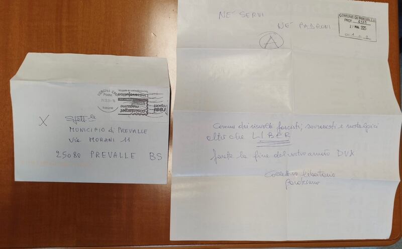 La lettera arrivata al Comune di Prevalle