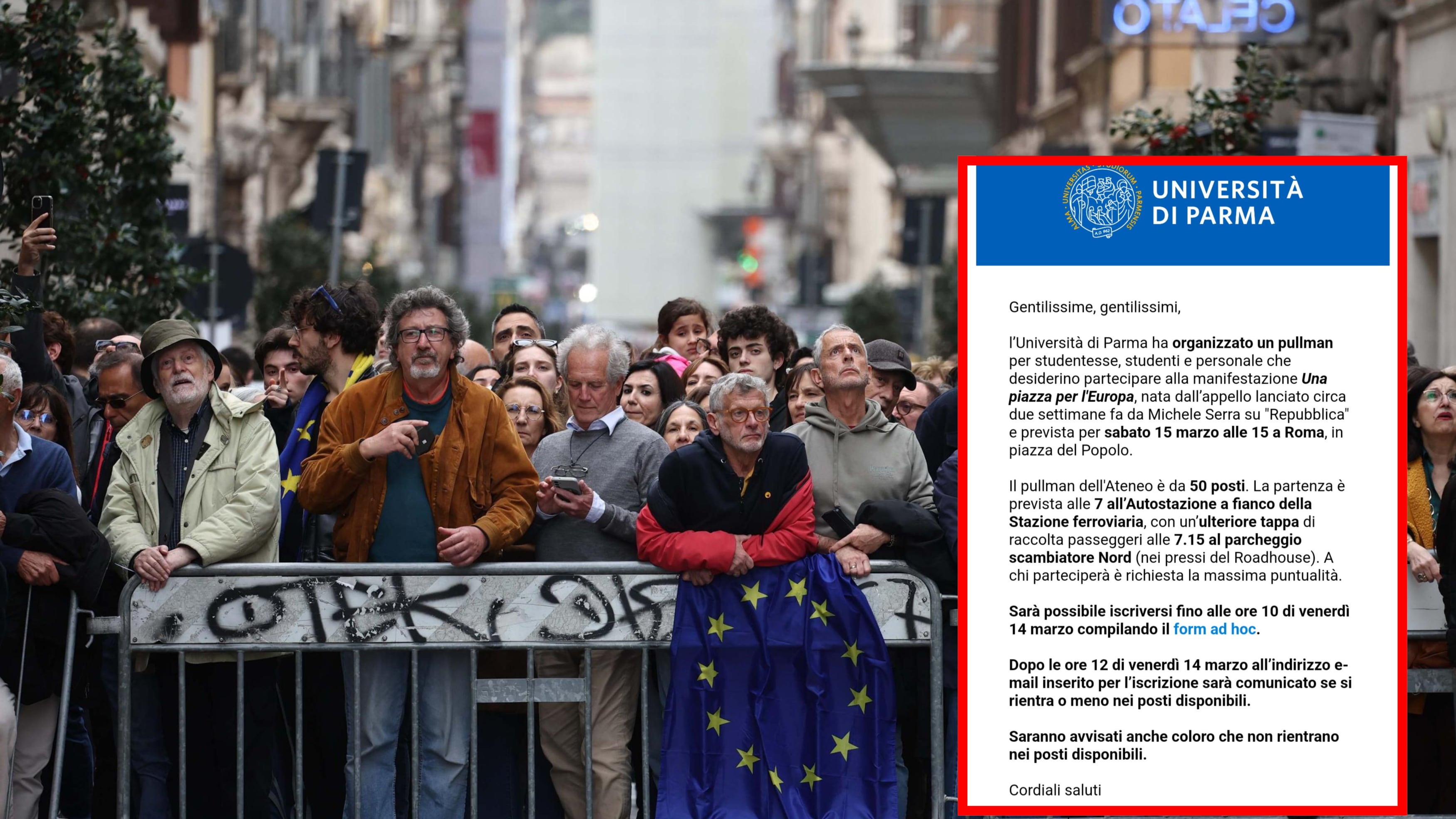 L'Università di Parma con la piazza di sinistra: pagato a studenti e personale un pullman per Roma