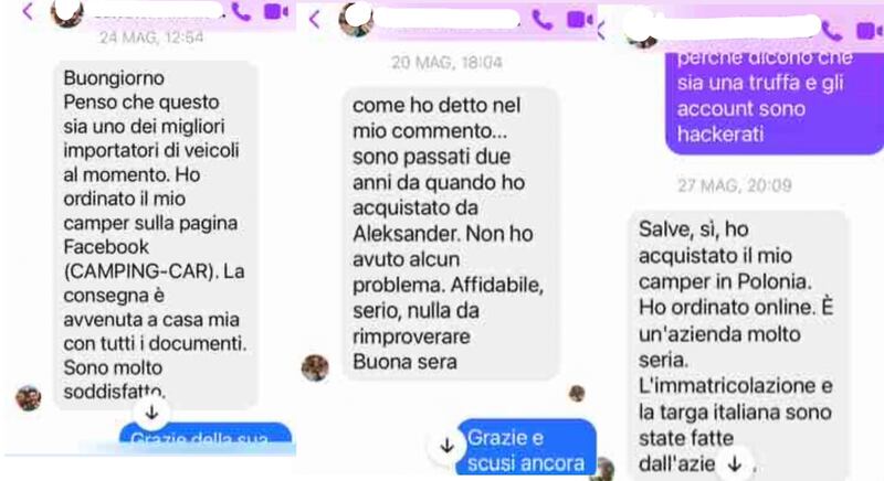 I messaggi scambiati con i profili fake