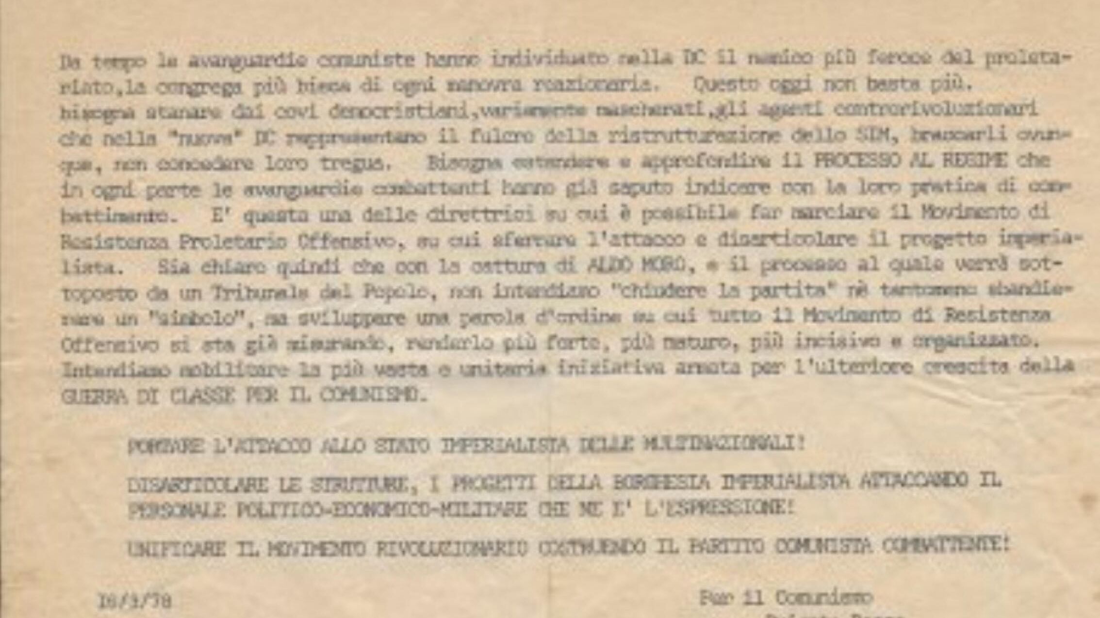 "Vergognoso mettere all'asta il volantino Br del caso Moro"