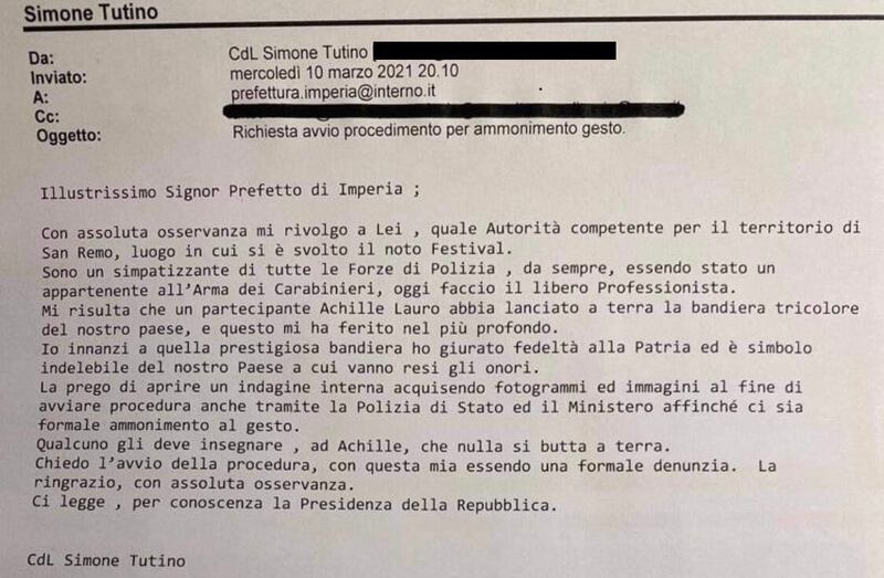 Lettera contro Achille Lauro al prefetto di Imperia