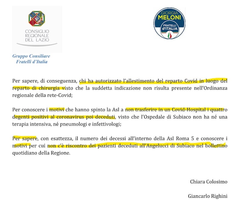 Interrogazione consiglieri FdI