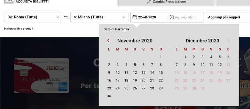 Schermata di Italo: impossibile acquistare dal 13 dicembre