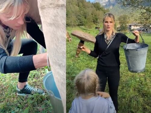 Michelle Hunziker a lezione di mungitura: "Povera svizzera, mi devo allenare"