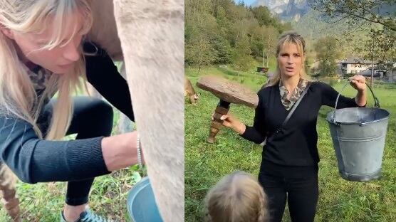 Michelle Hunziker a lezione di mungitura: "Povera svizzera, mi devo allenare"