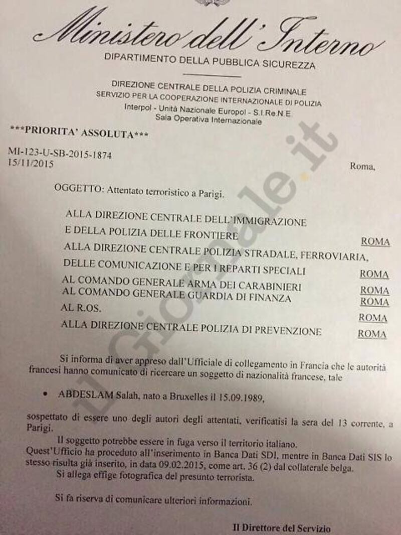 Documento ricerca terrorista in Italia