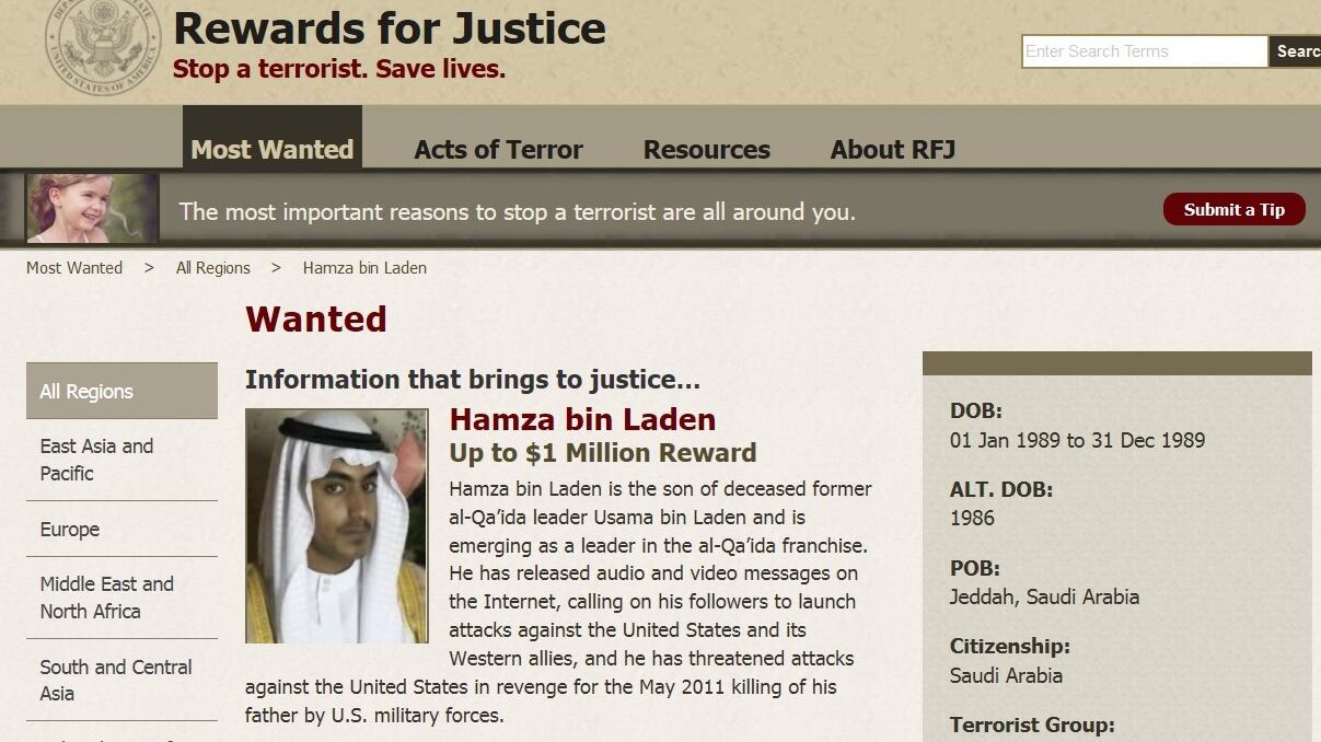 Per l'Fbi Hamza bin Laden è ancora ricercato