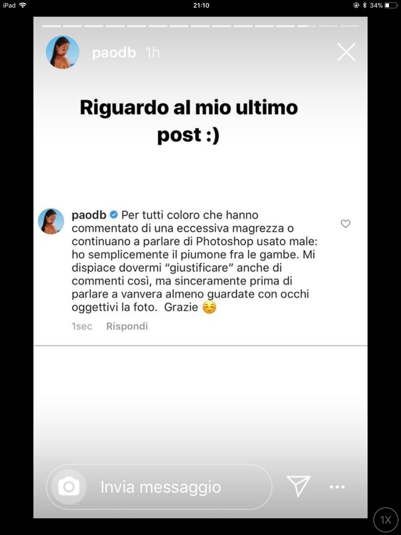Paola Di Benedetto risponde alle accuse di anoressia