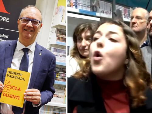 Urla contro Valditara ma sbaglia ministro: lo scivolone della contestatrice rossa