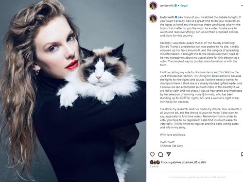 Taylor Swift in campo per Kamala Harris: l'endorsement (col gatto)