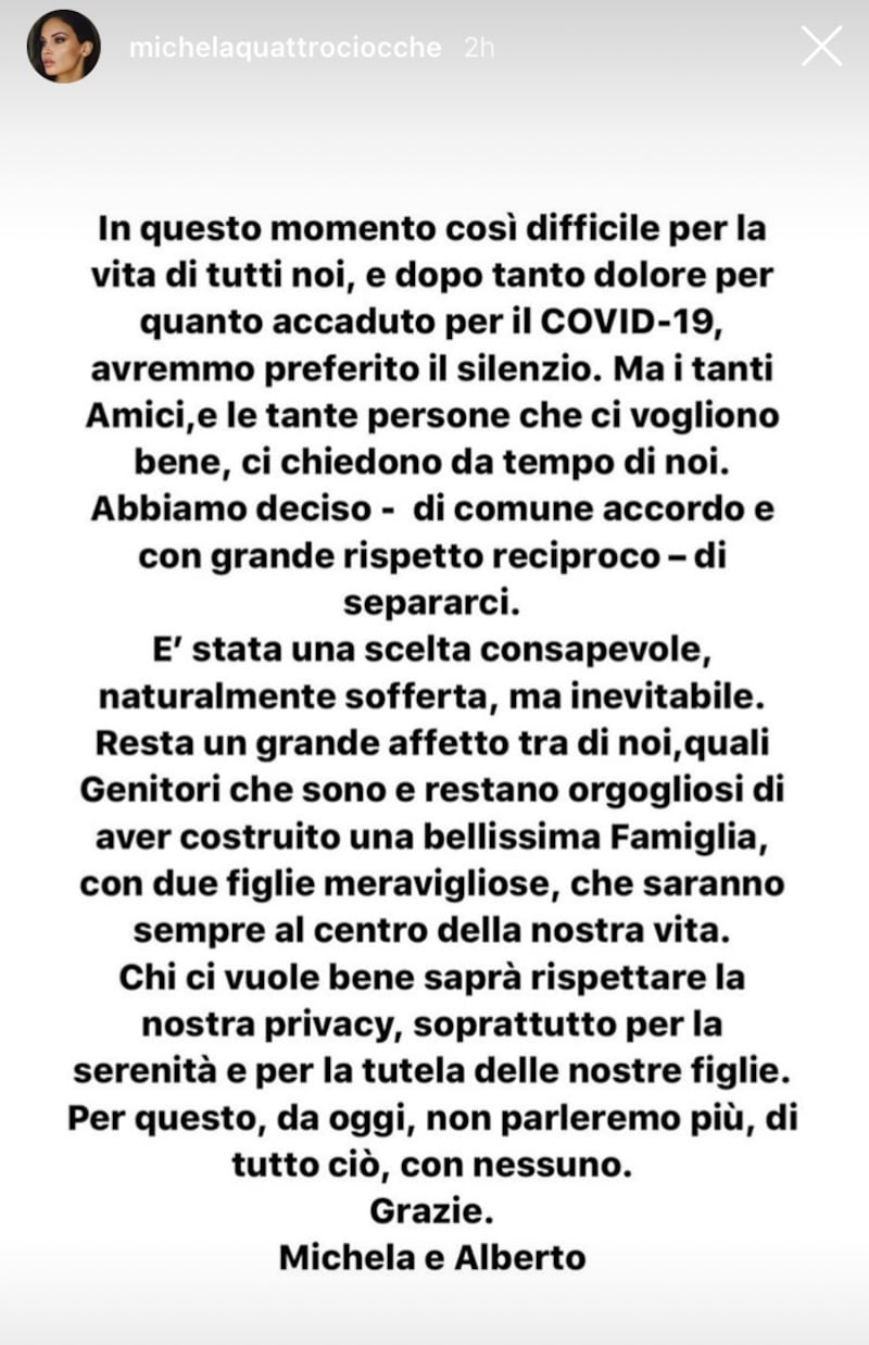 Comunicato Michela Quattrociocche