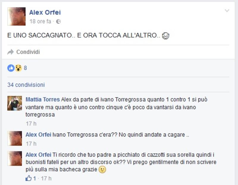 Il post di Alex Orfei su facebook