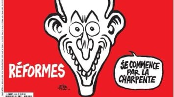 L'ironia di Charlie Hebdo: Macron con Notre Dame al posto dei capelli