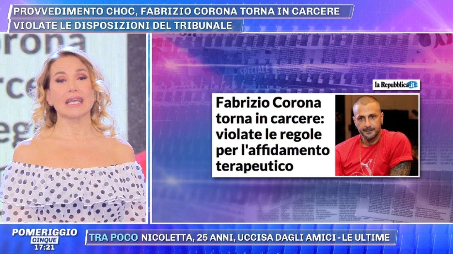 Barbara D'Urso: "Corona ha dato un ultimo abbraccio al figlio prima di tornare in carcere"