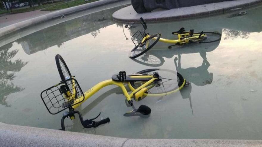 Le bici senza stazioni già appese agli alberi o gettate nelle fontane