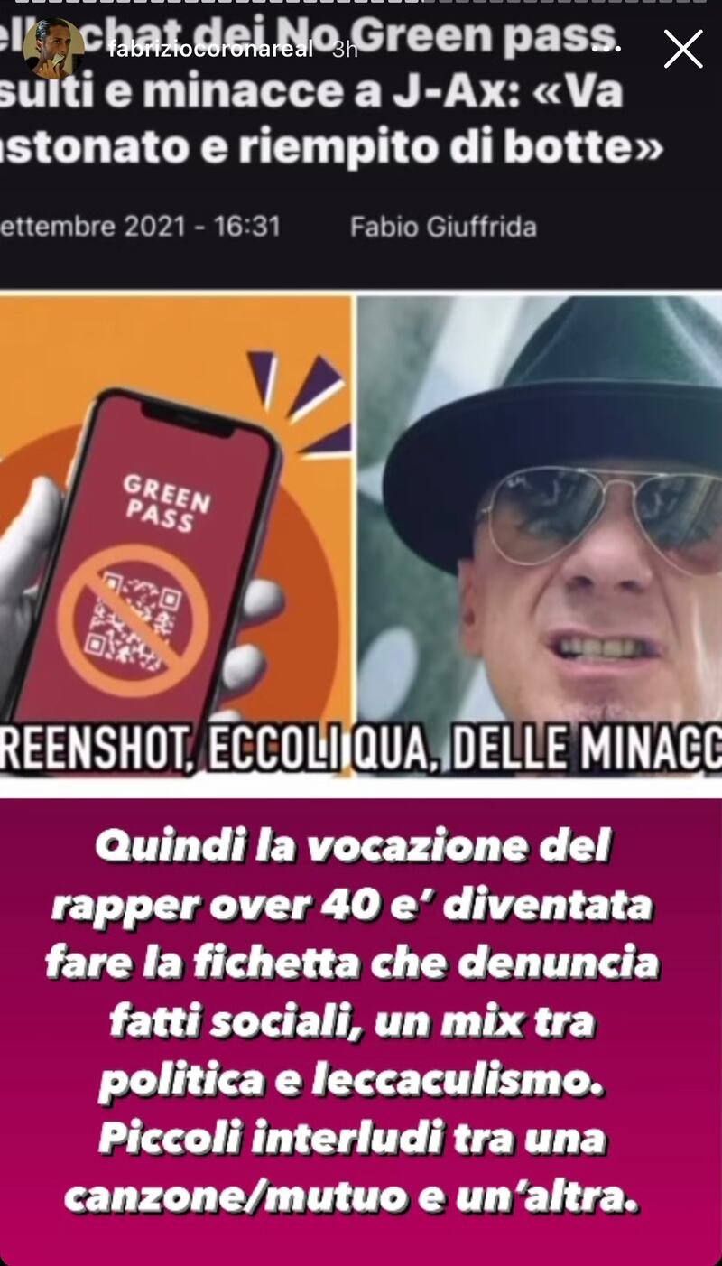 Fabrizio Corona contro J-Ax su Instagram