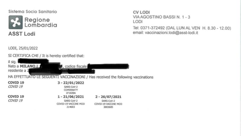 Il certificato vaccinale rilasciato da Regione Lombardia