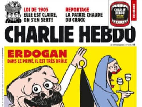 Vignetta di Charlie Hebdo contro Erdogan: mezzo nudo mentre scopre sedere a una donna