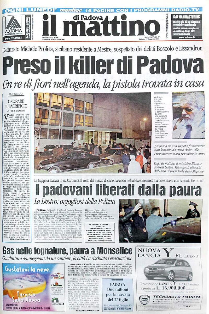 La prima pagina del Mattino di Padova del 17 febbraio 2001 (da Facebook)