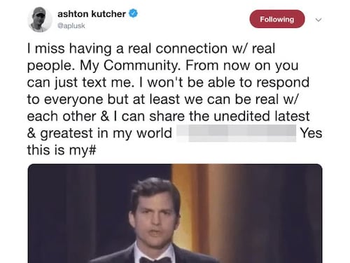 Ashton Kutcher pubblica il suo numero su Twitter: “mi manca il contatto diretto con le persone”
