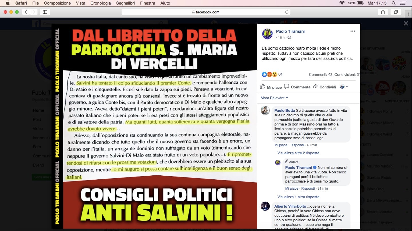 Il bollettino parrocchiale choc: Salvini paragonato a Mussolini