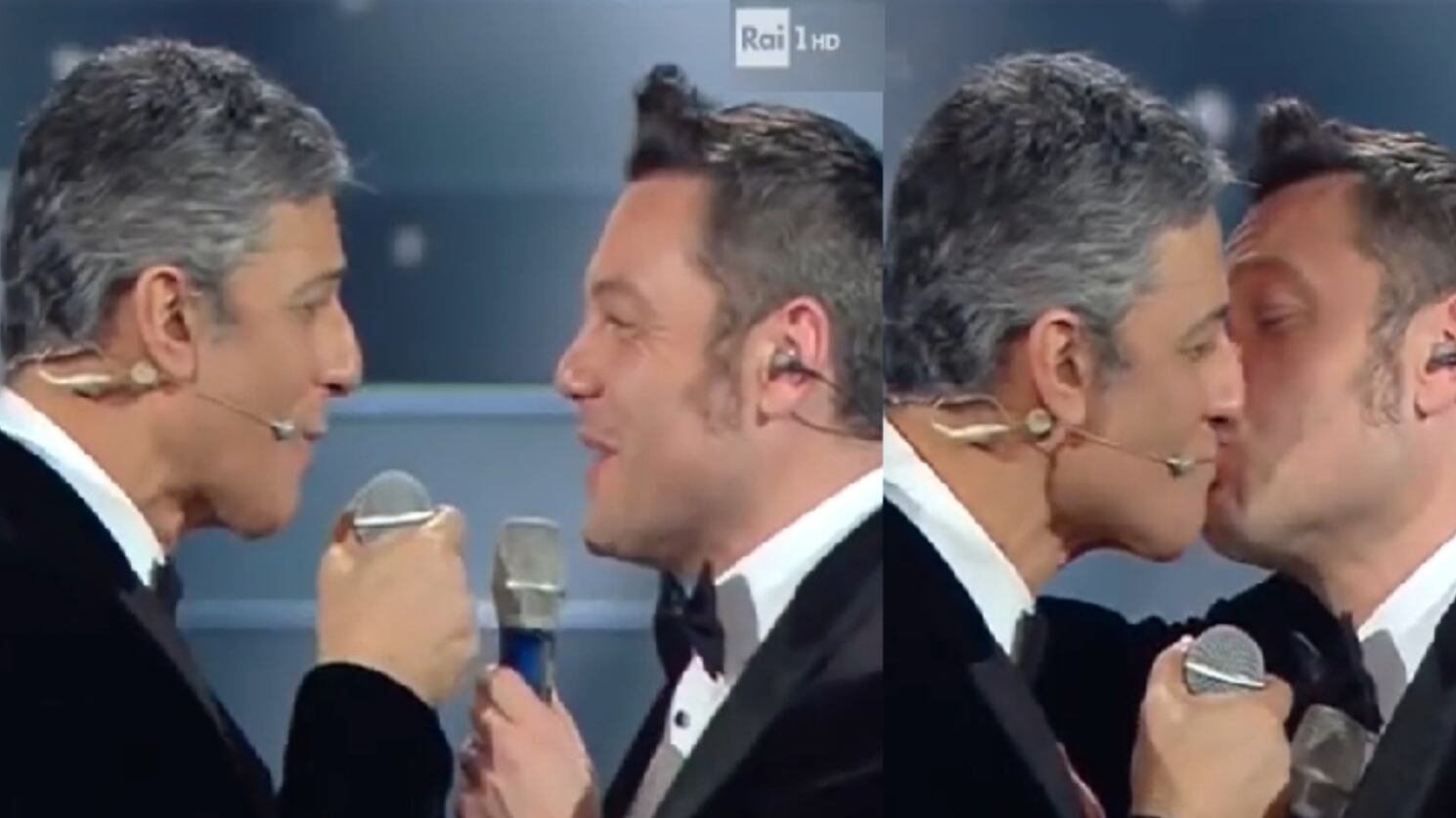 Tiziano Ferro bacia Fiorello. E il marito gli scrive: "Giù le mani dal mio uomo"