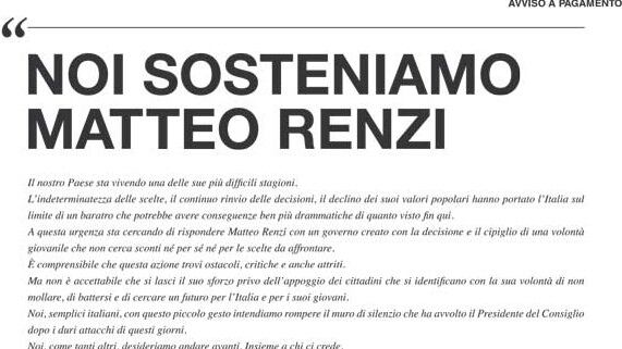 Pagina a pagamento sul Corriere della Sera: "Noi sosteniamo Renzi"