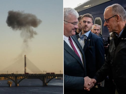Raid su Kiev durante la visita di Merz, colpito il Ponte Nord. Il cancelliere: “La sicurezza della Germania dipende dall’esito della guerra”
